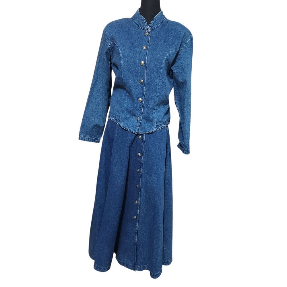 Vintage Waco Denim Outfit Womens Size 4 XS S Blue Jean Long Full Skirt Jacket